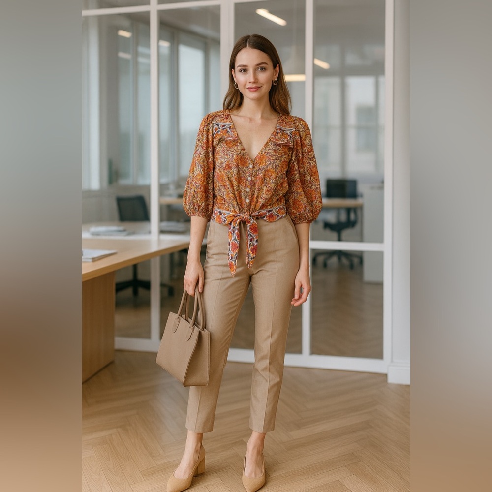 Rachel Zoe Cropped Boho V-front Tie-Front Floral Linen Top‎ Orange & Purple - Picture 3 of 14